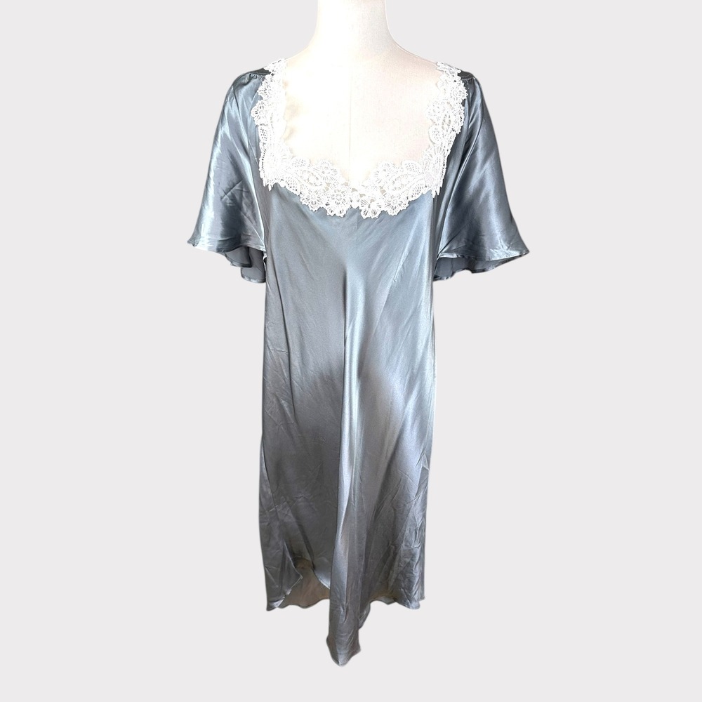 Majolaine NWT SZ XL Silk Lace Nightgown Slip Dress Metallic Silver Short Sleeve